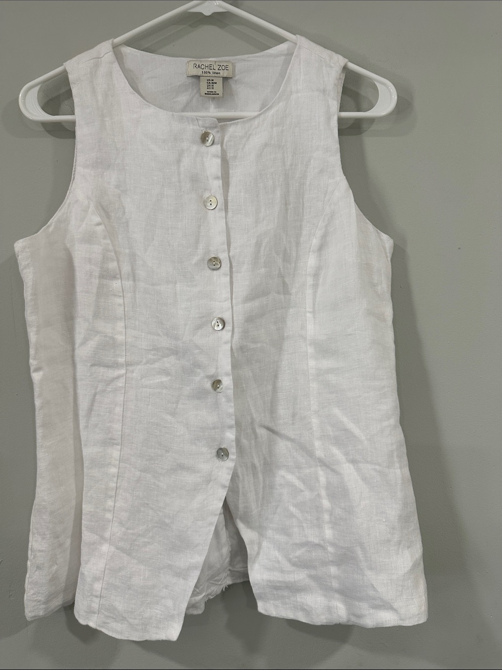 Rachel Zoe White Sleeveless 100% Linen Button-Front Top size M